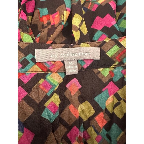 NY Collection Blouse geometric abstract colorful ruffle‎ button mature Macys M - Picture 7 of 9